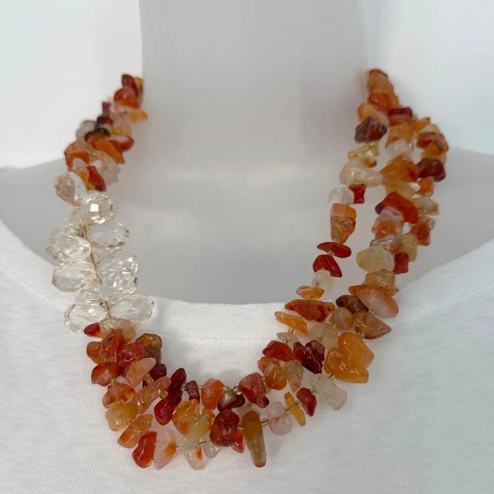 LOFT Orange Stone Chip Multi Strand Necklace Amber Clear Bead Accent Chic 103-63